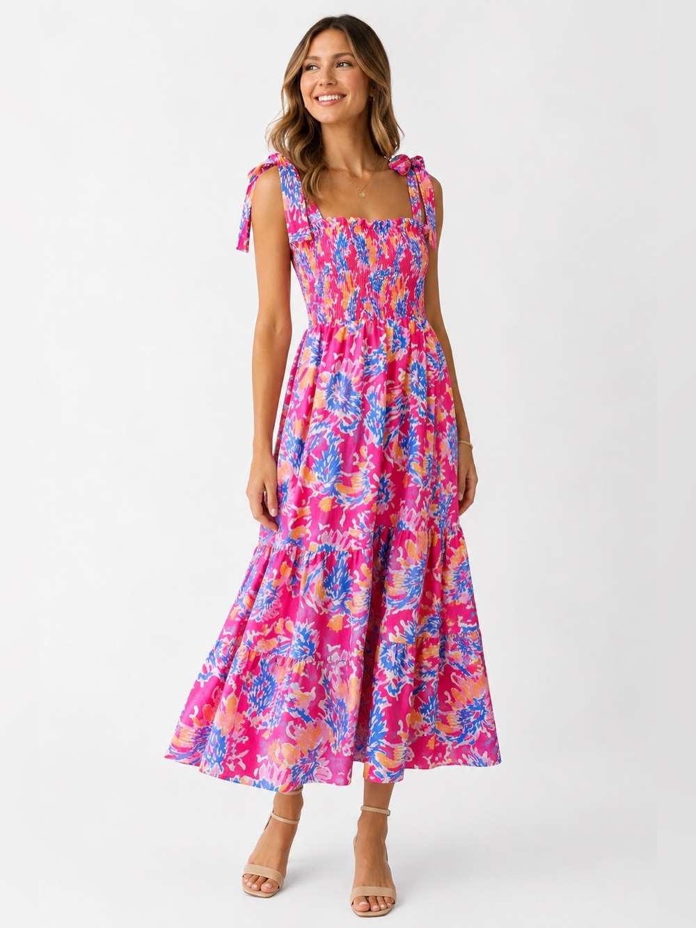 🌺 Kate Kasin Smocked Floral Tie-Shoulder Maxi Dress